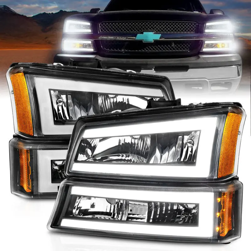 Anzo 111501 Crystal Headlights W/ Light Bar Black Housing For 2003-2006 Chevrolet Silverado 1500 1