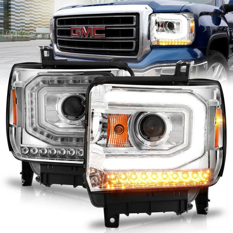 Anzo 111514 Projector Headlights W/ Light Bar Chrome Housing (Halogen Type) For 2014-2015 Gmc Sierra 1500 1