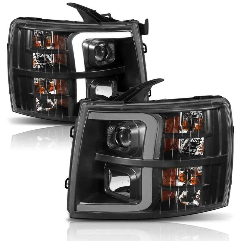 Anzo 111410 Plank Style Projector Headlights Black W/ Amber For 2007-2013 Chevrolet Silverado 1500 1