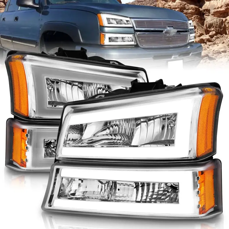 Anzo 111502 Crystal Headlights W/ Light Bar Chrome Housing For 2003-2006 Chevrolet Silverado 1500 1