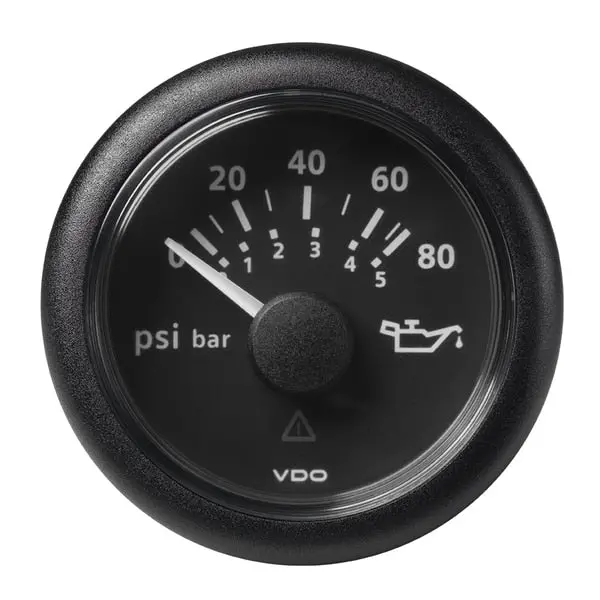 2-1/16" Oil Pressure Gauge 80 Psi/5 Bar-8-32V-Black Dial-Round Bezel 1