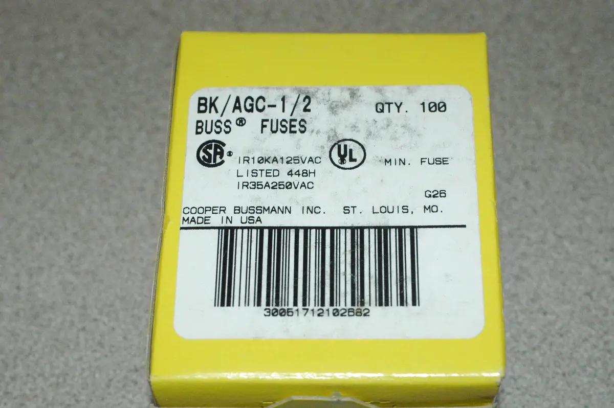 Cooper Bussmann Bk/Agc-1/2 Glass Buss Fuse .5 Amp 250 Max Volts Box Of 100 1