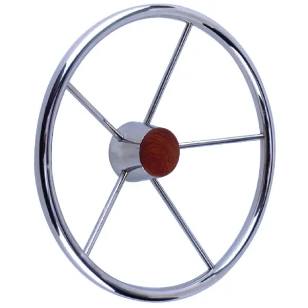5 Spoke 15" Stainless Steel Destroyer Wheel With Genuine Teak Cap 1