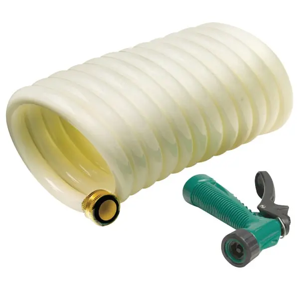 25' White Poly Coiled Washdown Hose With Sprayer,  White 1