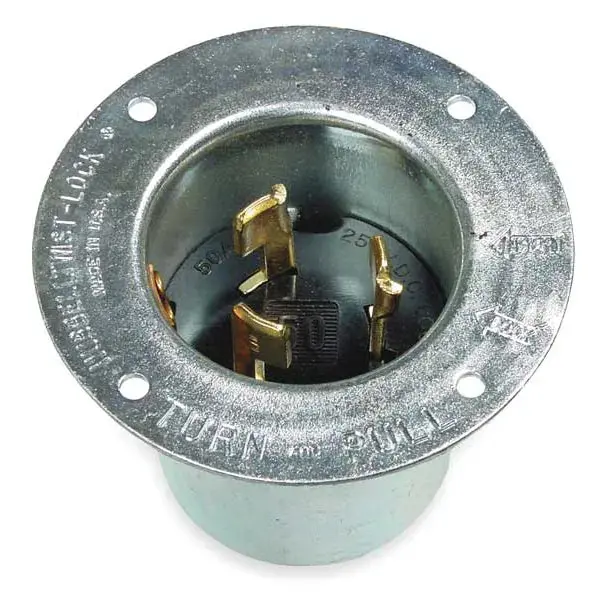 Flanged Locking Inlet, Non-Nema, 50 A, 250/600V Ac, Three Phase, 3 Pole, Flush Mount, Silver 1