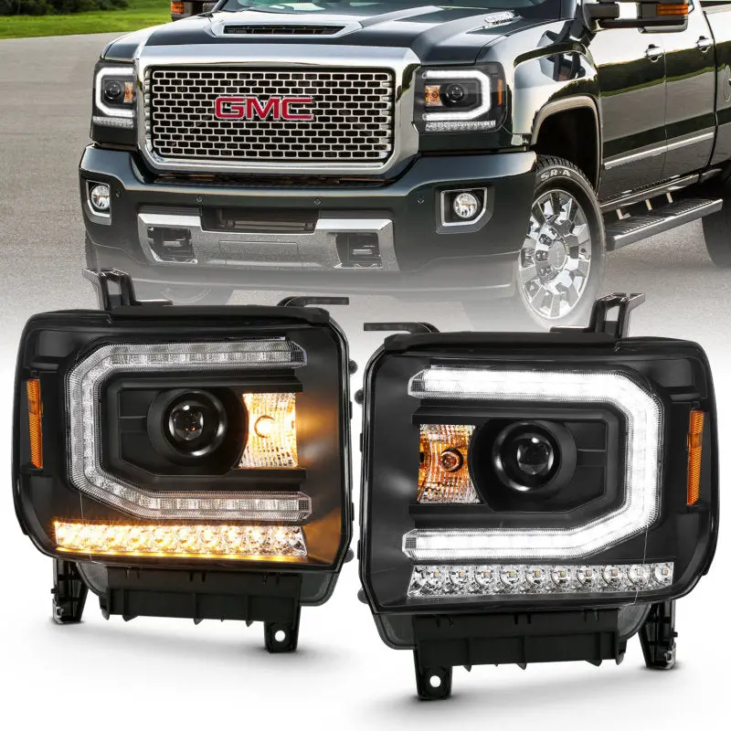 Anzo 111485 Projector Headlight Plank Style Black W/ Sequential Amber Signal For 2016-2019 Gmc Sierra 1500 1